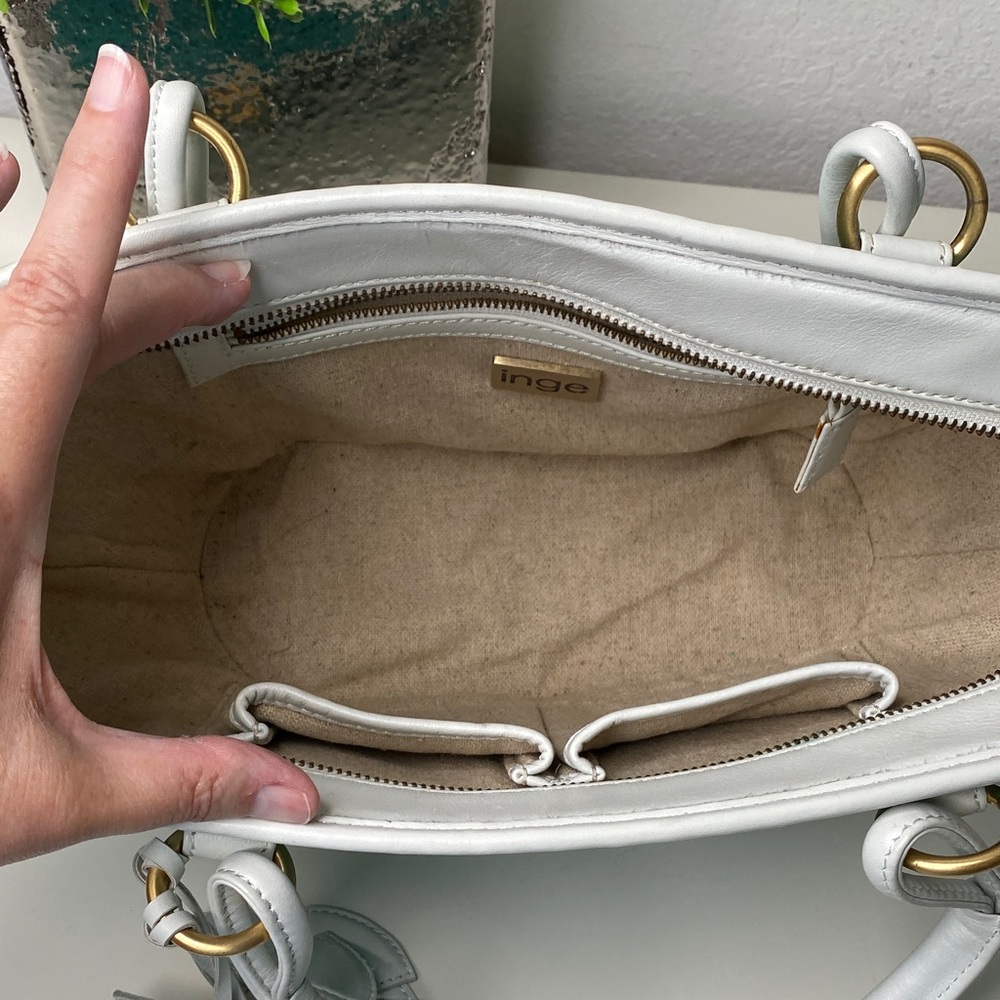 Inge Trapezoid Shoulder Bag Satchel in Turquoise Cane, White Trim, Linen Lining - Picture 4 of 15